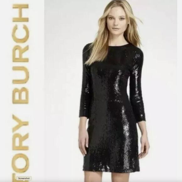 Tory Burch Black Sequin Shift Dress XS Elegant Evening Cocktail NWT - Picture 3 of 9